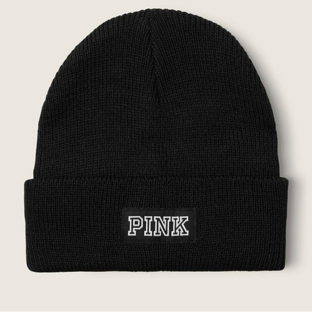 Victoria’s Secret PINK Logo Black Knit Beanie NEW
